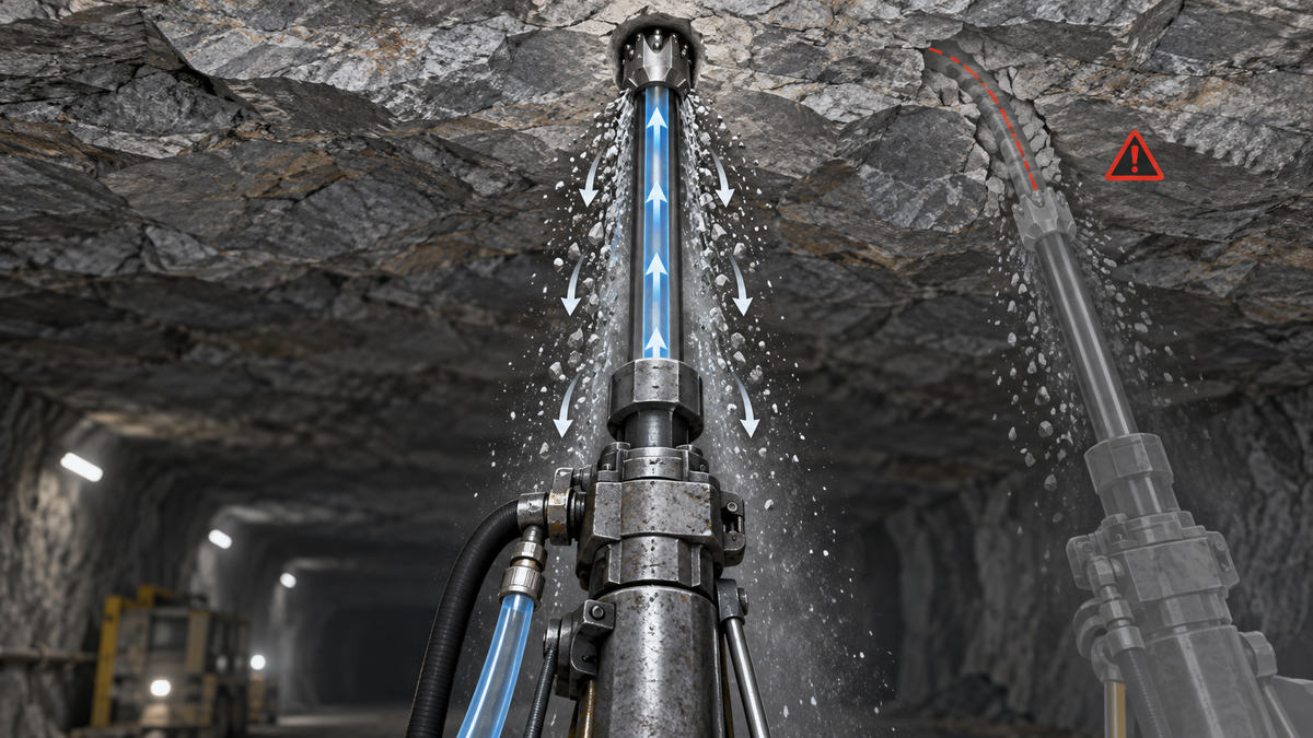 H22 roof-bolt hole drilling alignment with water flushing and cuttings return