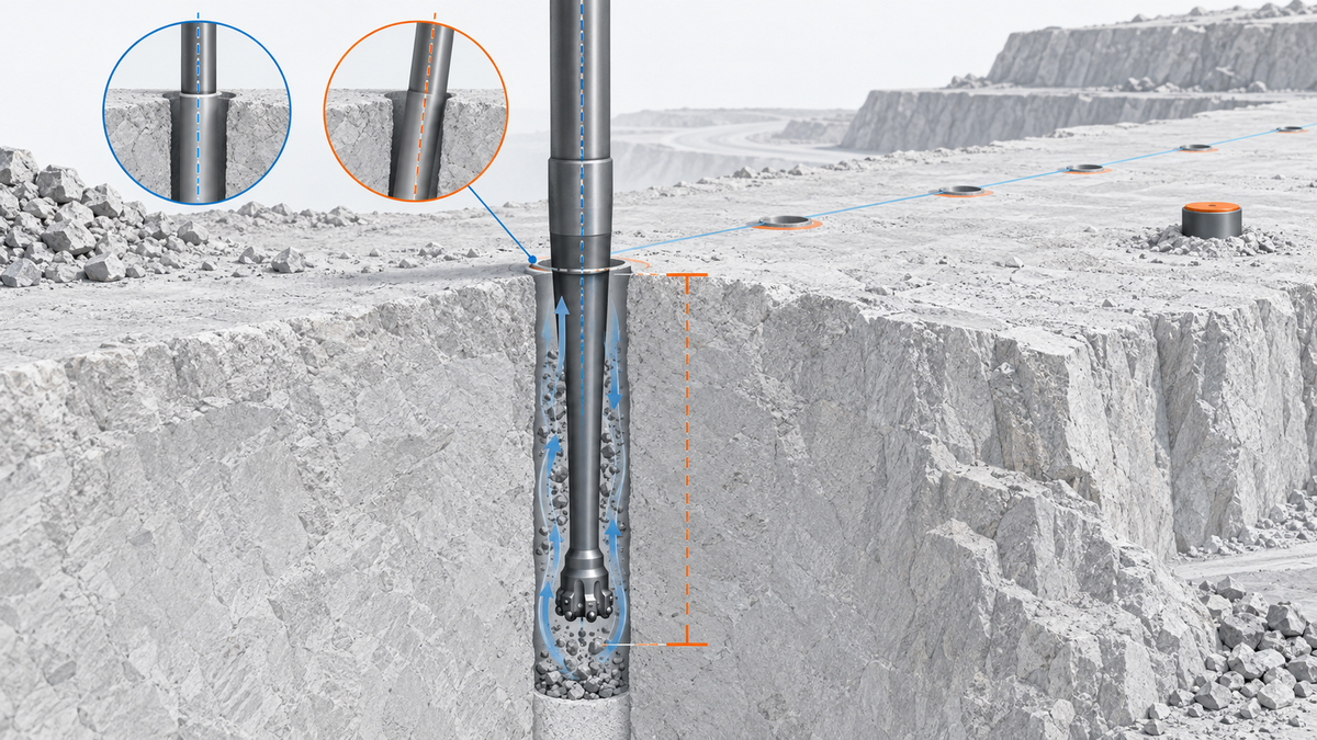 H22 tapered tool drilling shallow quarry blast holes with collar alignment and flushing checks