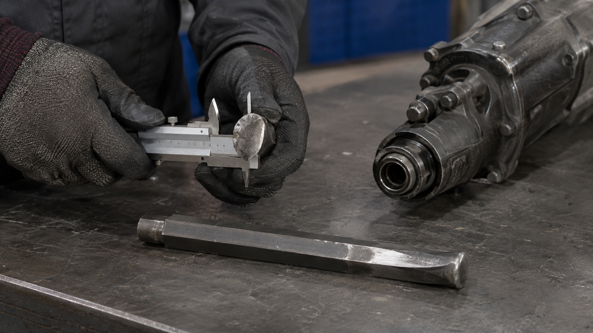 Technician inspecting a deformed H22 drill-steel striking end beside a pneumatic rock drill