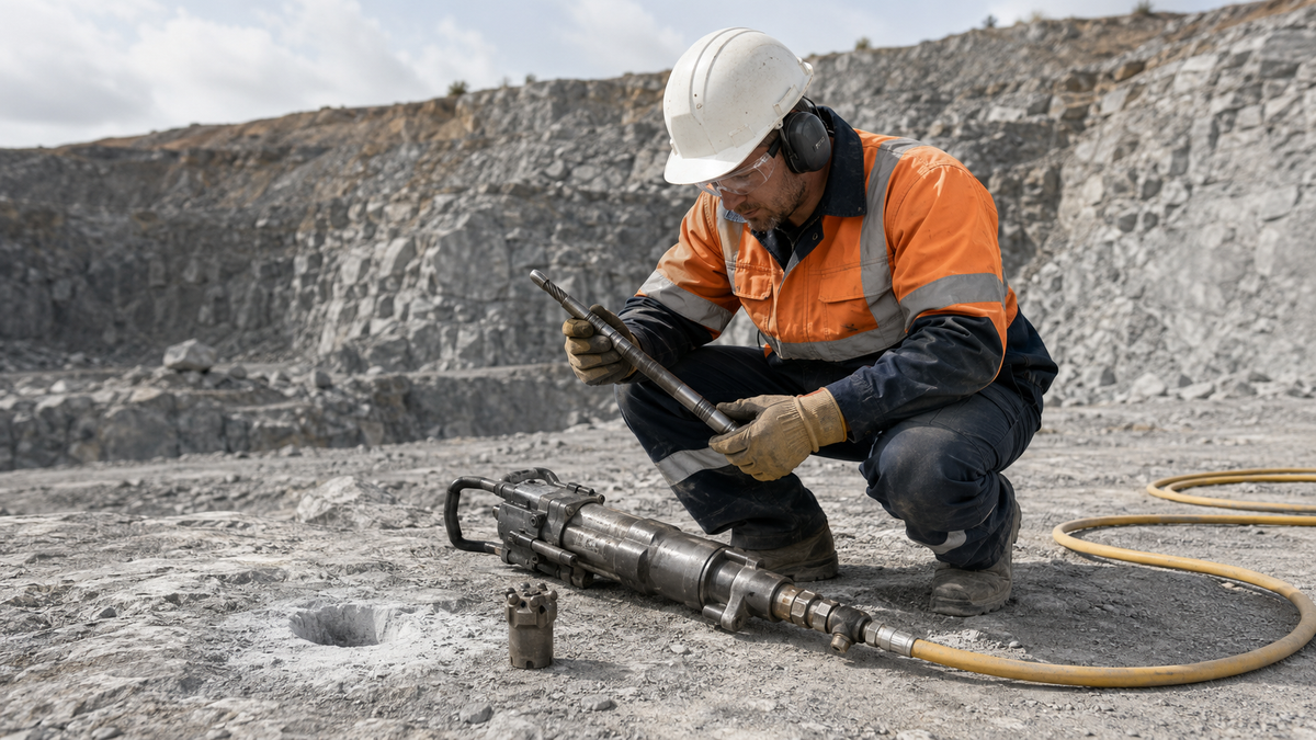 Technician inspecting an H22 tapered pneumatic rock drilling system after penetration rate drops