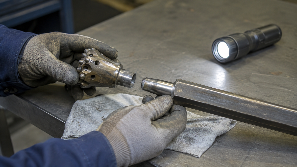 Technician inspecting the taper fit between an H22 drill rod and a tapered button bit on a maintenance bench