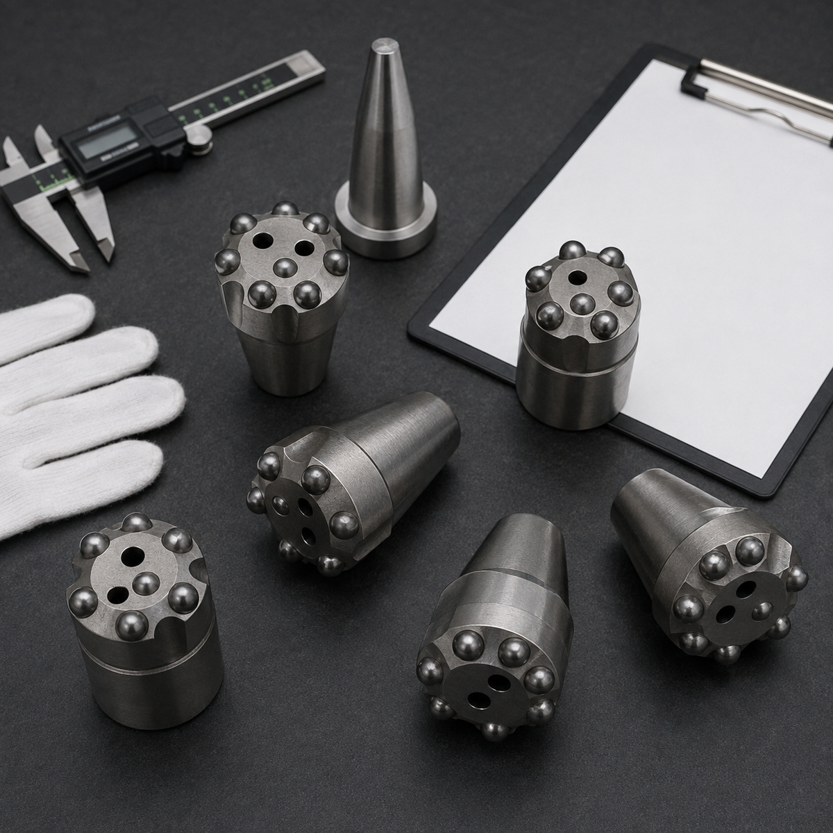 H22 tapered button bits arranged with calipers and an inspection mandrel on a quality-control bench