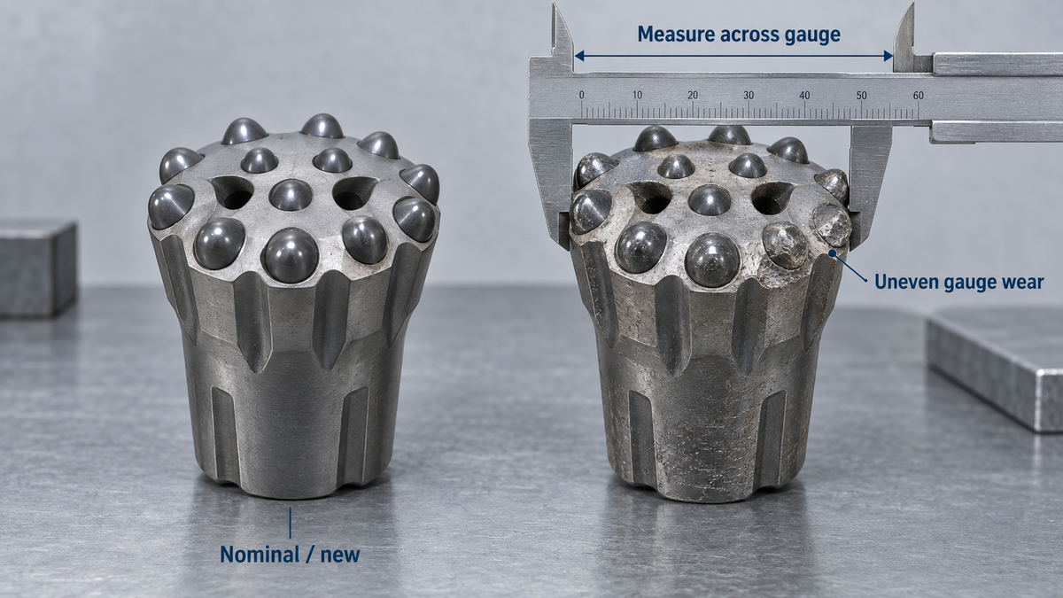Caliper measuring the gauge diameter of a worn H22 tapered button drill bit beside a serviceable bit
