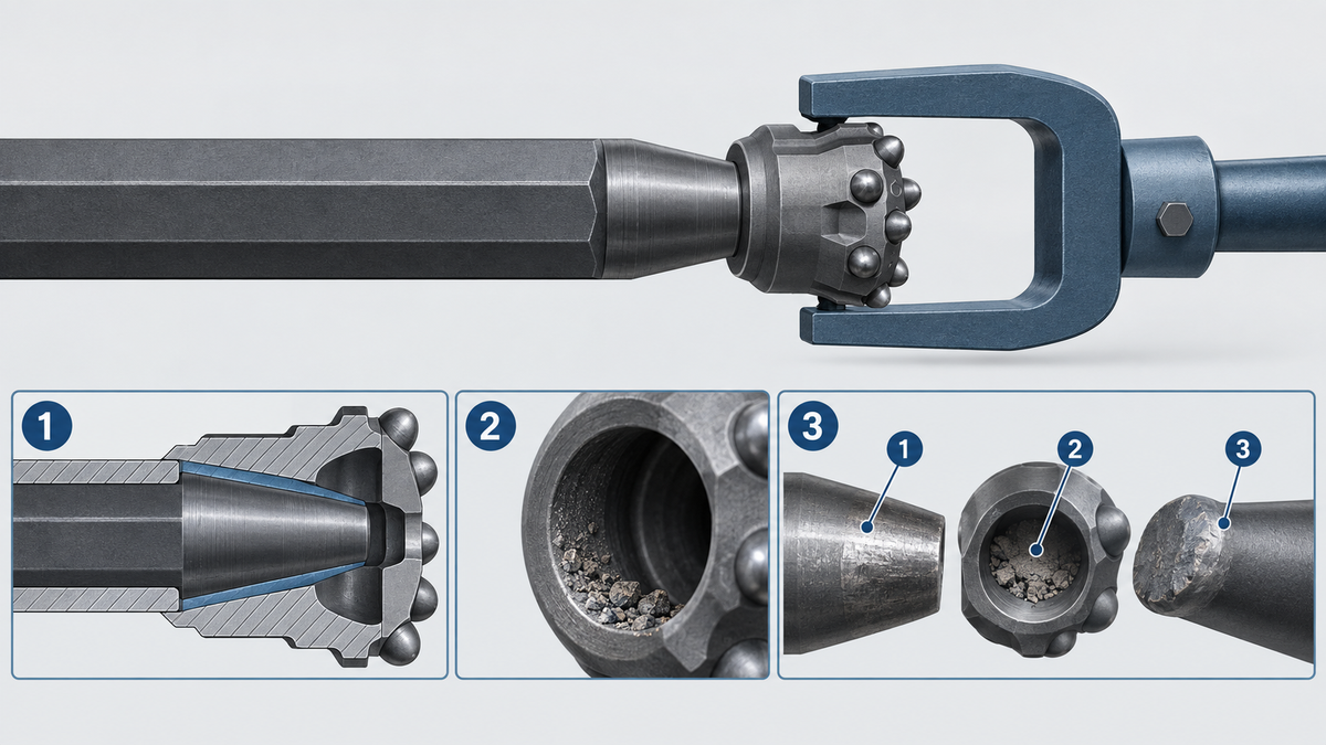 H22 tapered drill bit removal concept with taper contact and interface inspection zones