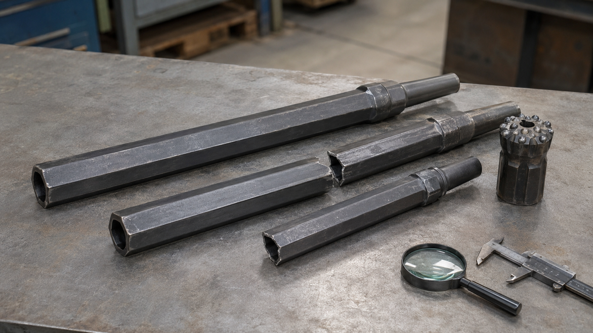 Intact and fractured H22-style tapered drill rods arranged for failure inspection