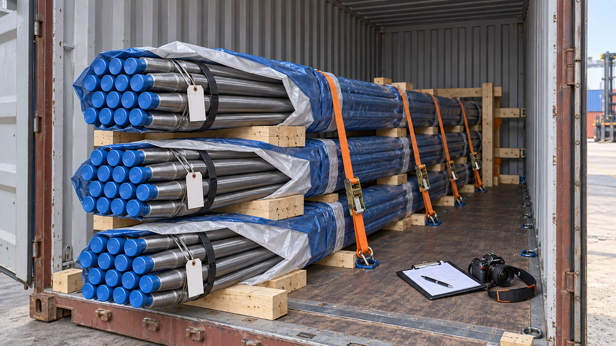Bundled H22 tapered drill rods with end protection, moisture wrapping, labels and cargo securing inside an export container