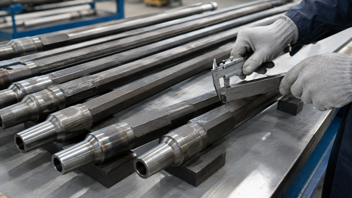 H22-style tapered drill rods arranged for dimensional pre-shipment inspection