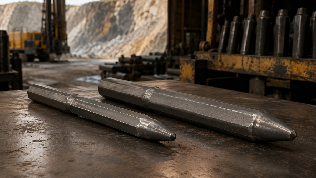 H22 and H25 tapered drill steels compared side by side on an inspection bench