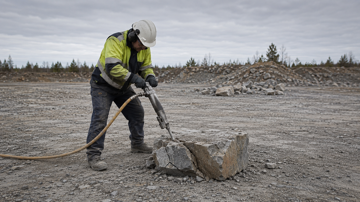 Worker using a handheld pneumatic breaker on a manageable fractured rock block on a stable quarry floor