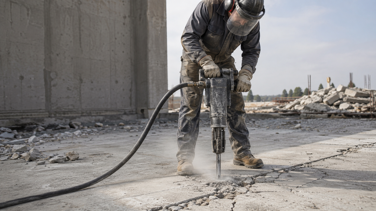 Worker operating an unbranded pneumatic breaker on a concrete slab