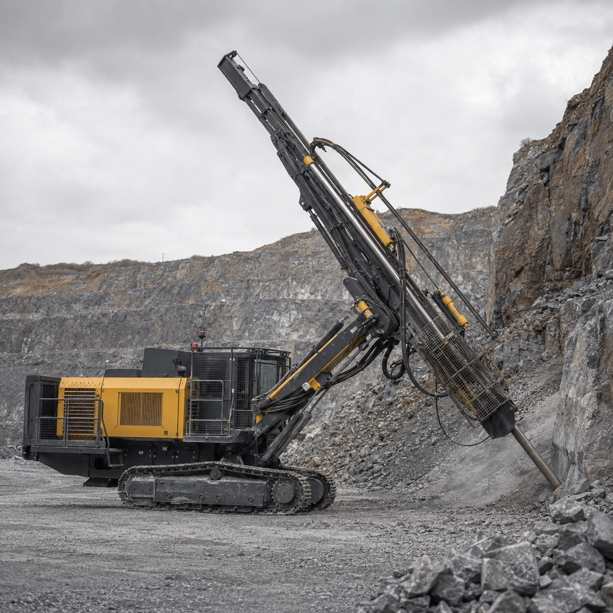 Crawler-mounted DTH rig drilling an inclined hole on a quarry bench