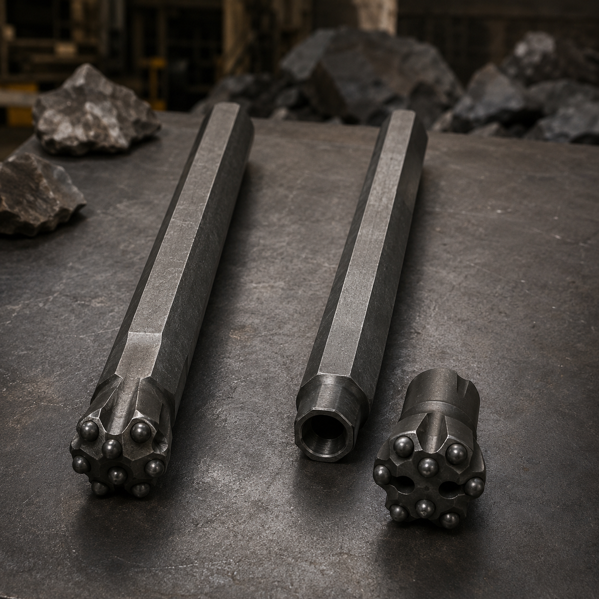 Integral drill steel beside an H22 tapered rod and separate button bit