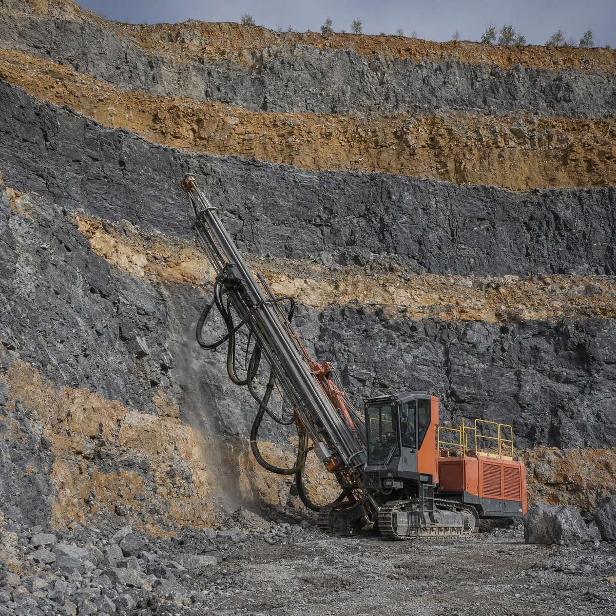 Surface drill rig working across alternating hard and soft rock layers