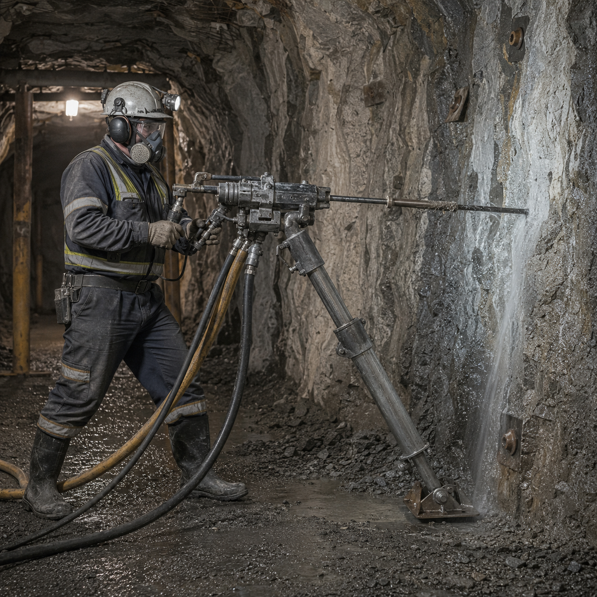 Miner operating a jackleg air-leg rock drill horizontally underground