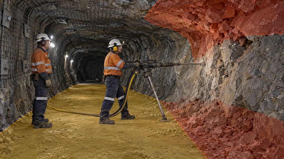 Air-leg rock drill operator in a supported underground heading with loose-ground hazard zone highlighted