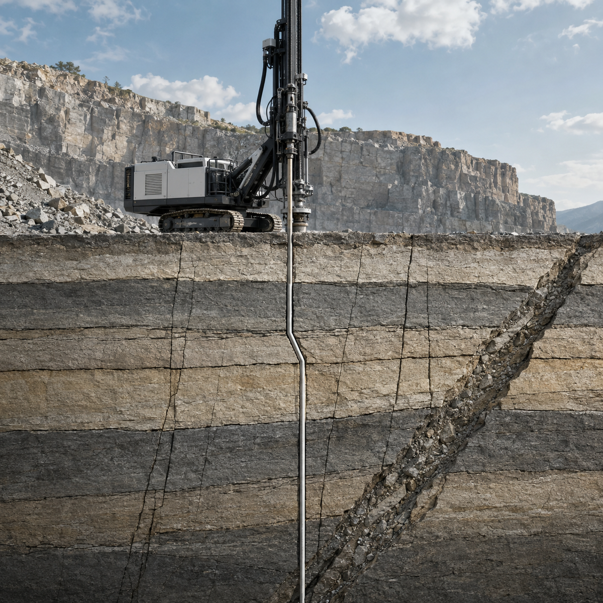 Rock drill borehole crossing bedding planes, joints and a fault zone
