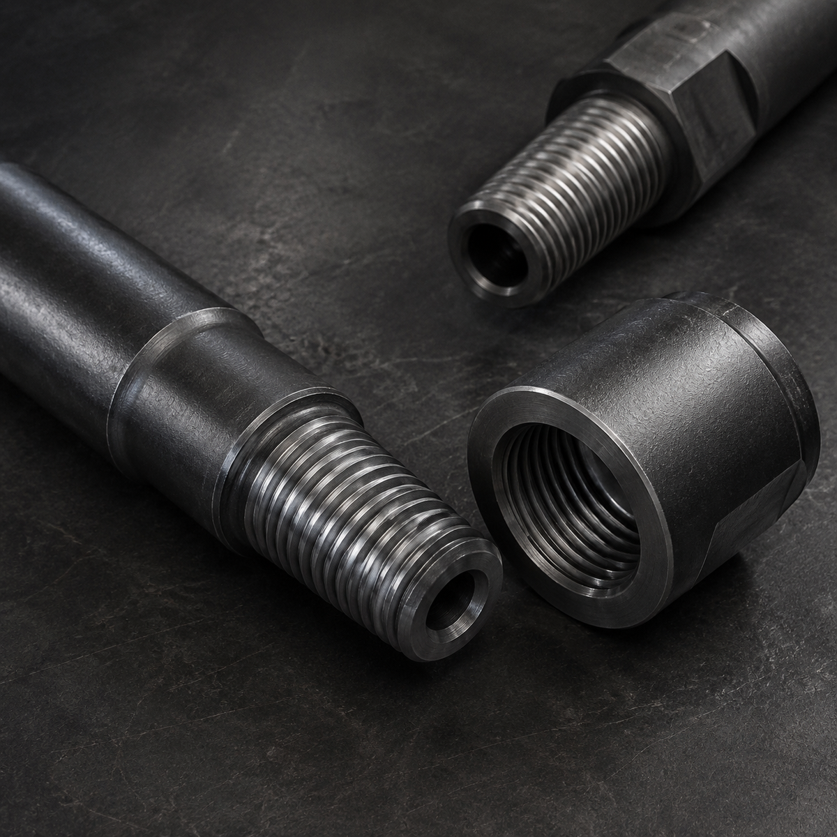 Threaded top hammer extension rods and a coupling sleeve on an inspection bench