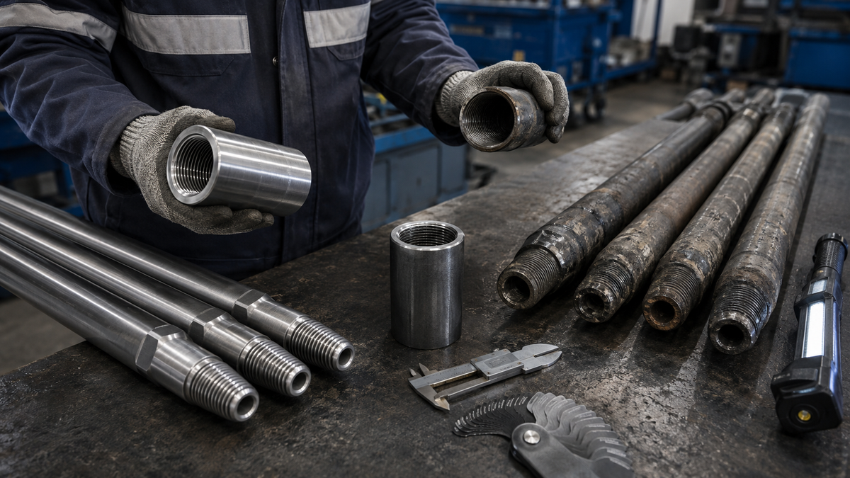 Technician comparing new and worn top hammer drill rods and coupling sleeves before replacement