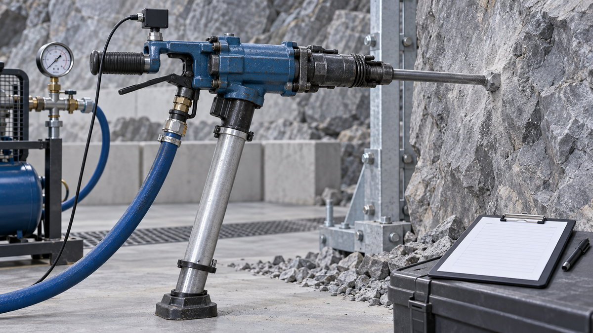 Air-leg pneumatic rock drill vibration test setup with handle sensor and controlled air supply