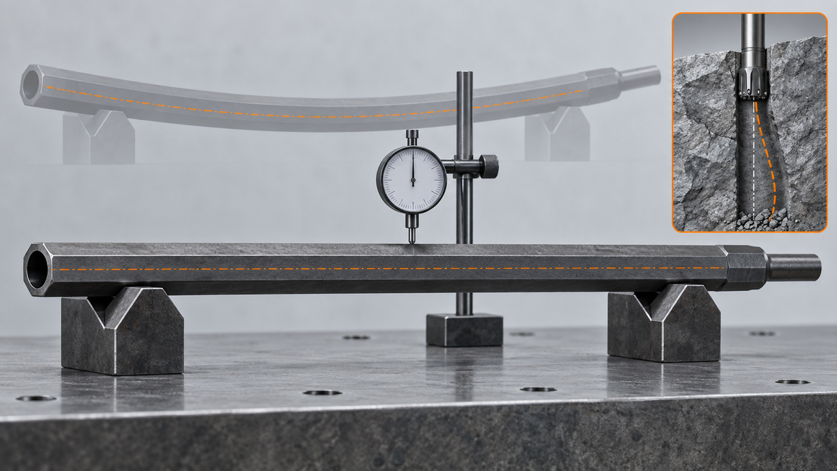 H22 drill steel straightness inspection on V-blocks with dial indicator and hole deviation inset
