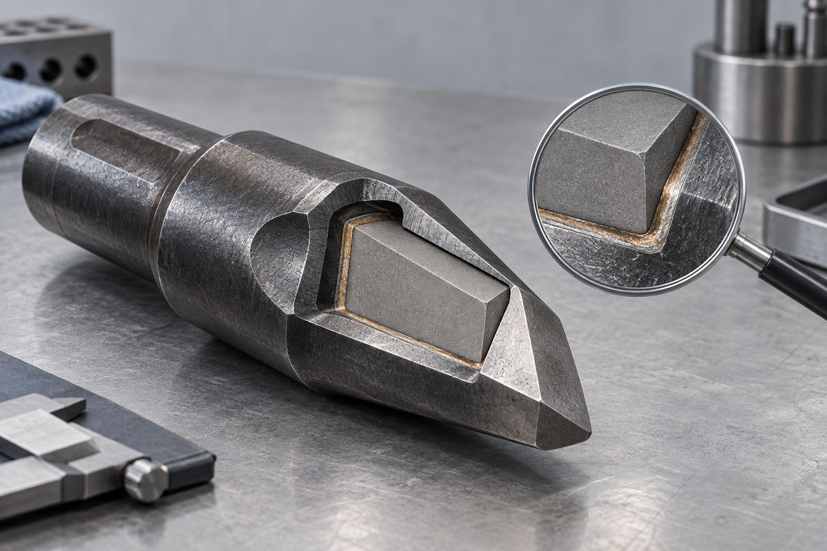 Cutaway illustration of an H22 chisel bit showing the carbide insert, steel socket and brazed joint interface under inspection