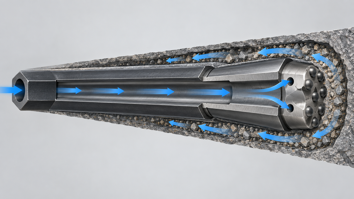 Cutaway diagram of air or water flowing through an H22 hollow drill steel and tapered bit, with cuttings returning around the rod