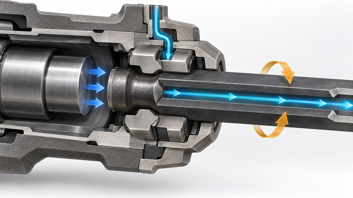 Cutaway view of an H22 drill-steel shank showing the striking end, collar, chuck engagement and flushing entry