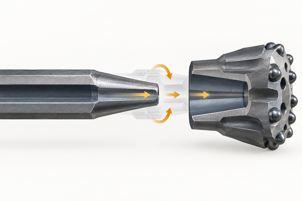 H22 tapered drill rod aligned with a matching tapered rock drill bit socket