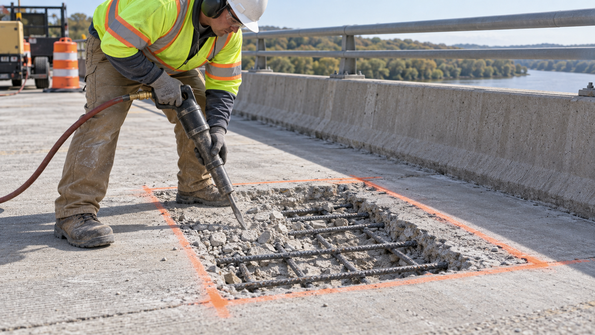 Compact pneumatic breaker removing deteriorated concrete from a marked bridge deck repair zone