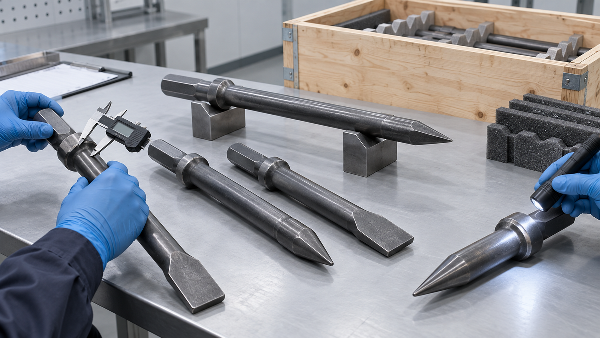 Receiving inspection of pneumatic breaker chisels using a caliper, V-block straightness setup and visual surface check
