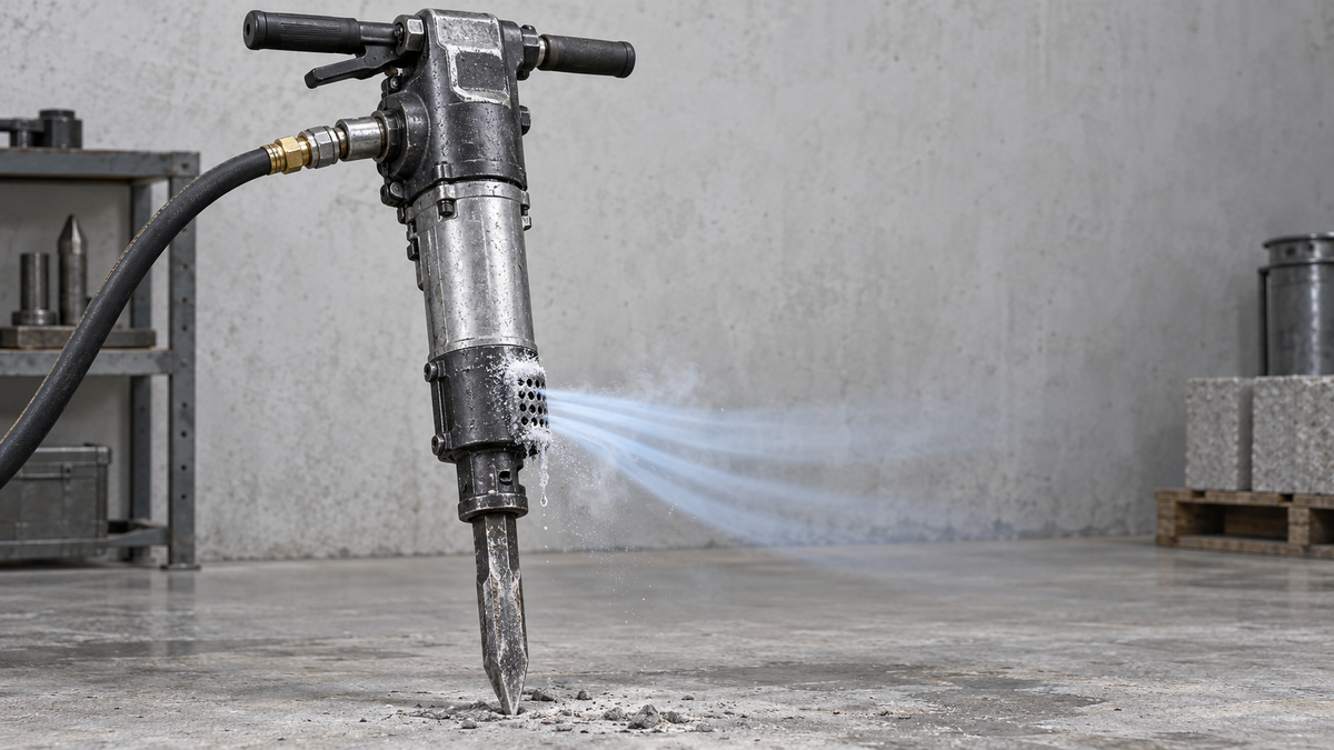Pneumatic breaker exhaust ports releasing spent compressed air with visible moisture and frost