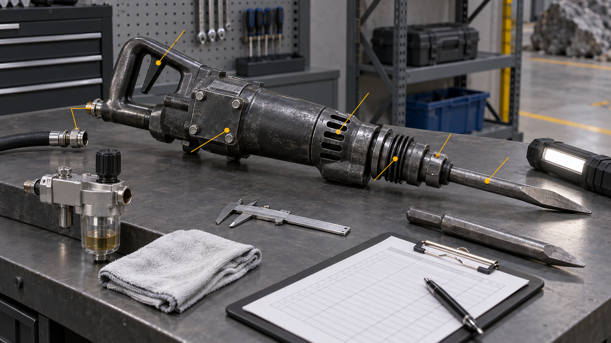 Pneumatic breaker maintenance bench with inspection points, lubricator and service log