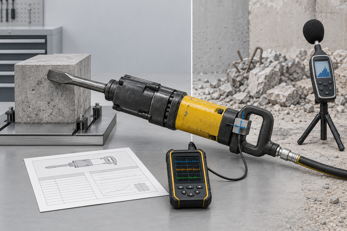 Pneumatic breaker vibration and noise verification with laboratory test block, vibration sensor and sound level meter