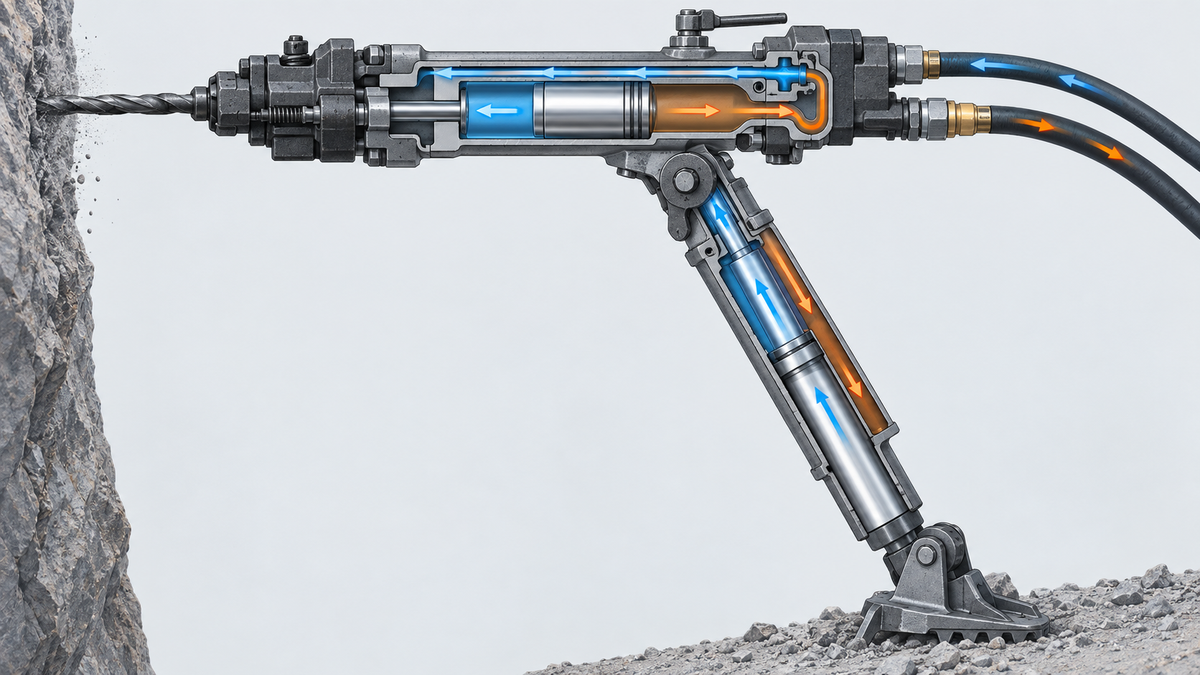 Cutaway of a pneumatic rock drill air leg showing feed and retraction airflow paths