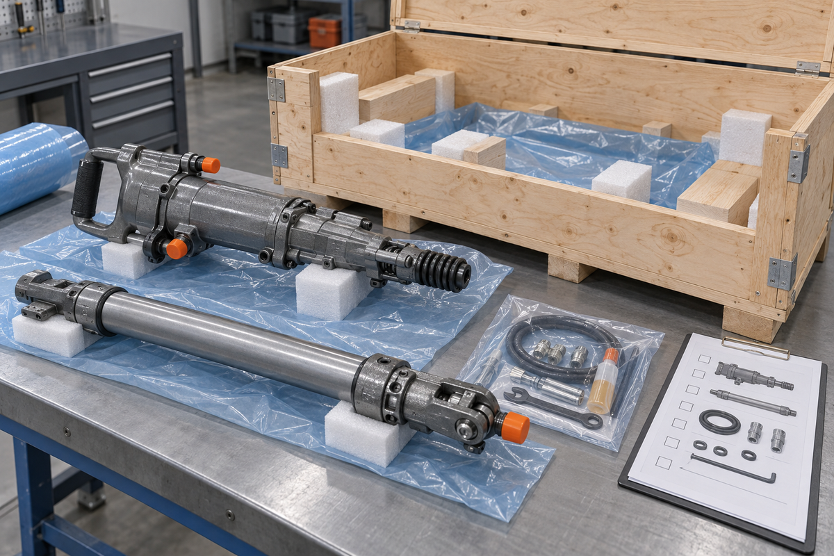 Pneumatic rock drill prepared for export packing with capped ports, corrosion protection and crate supports