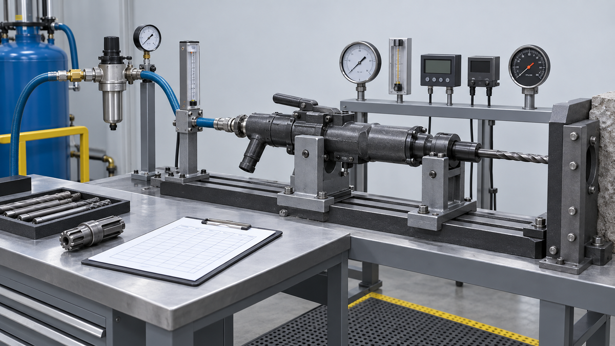 Pneumatic rock drill performance test bench with pressure, air-flow, blow-rate and rotation instruments