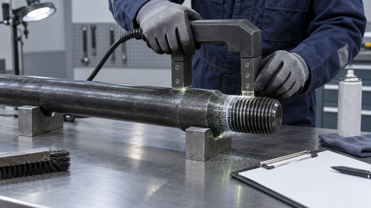 Magnetic particle inspection of a threaded top hammer drill rod on a controlled inspection bench