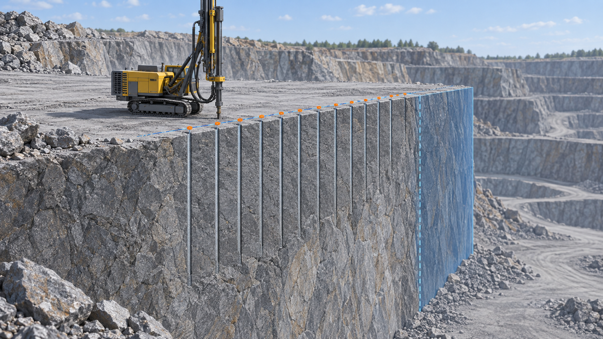 Top hammer rig drilling a straight row of aligned presplit holes along a quarry final wall