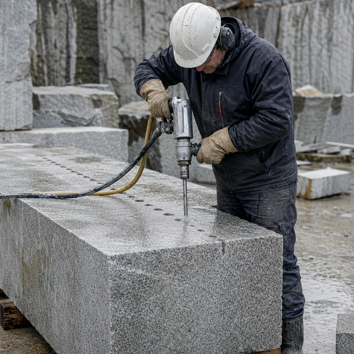 Worker drilling aligned plug-and-feather holes in a granite block