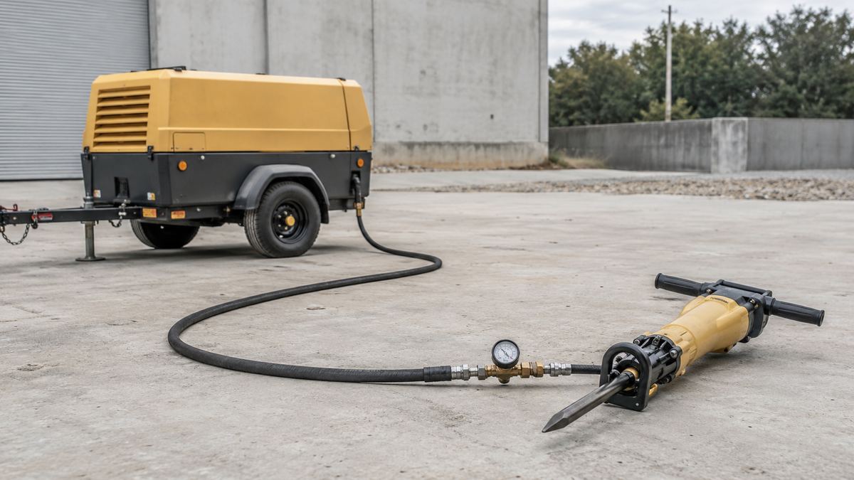 Portable compressor connected through an air hose and inlet gauge to an isolated pneumatic breaker