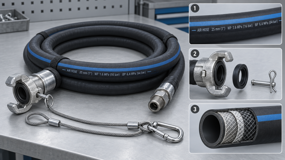 Illustrative pneumatic breaker air-hose assembly with hose marking, coupling, restraint and reinforcement inspection views