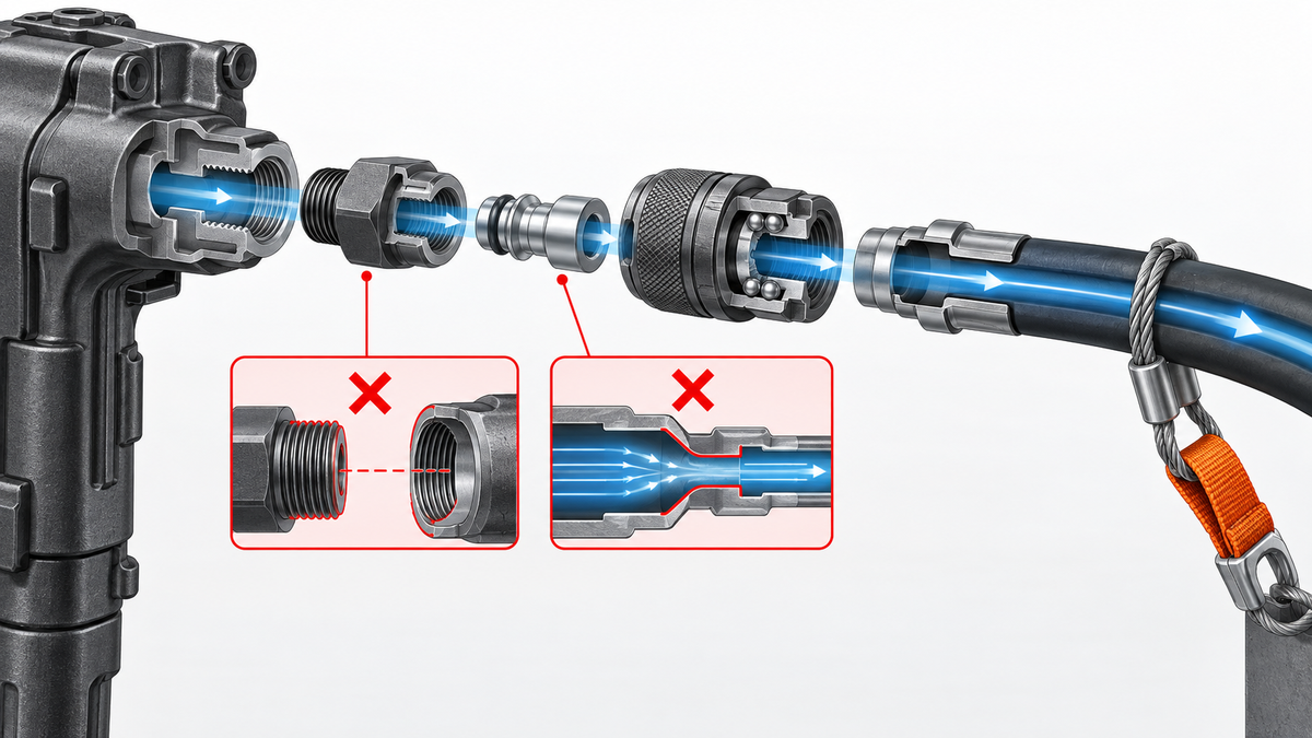 Pneumatic breaker air inlet with thread adapter coupling hose bore and restraint checks