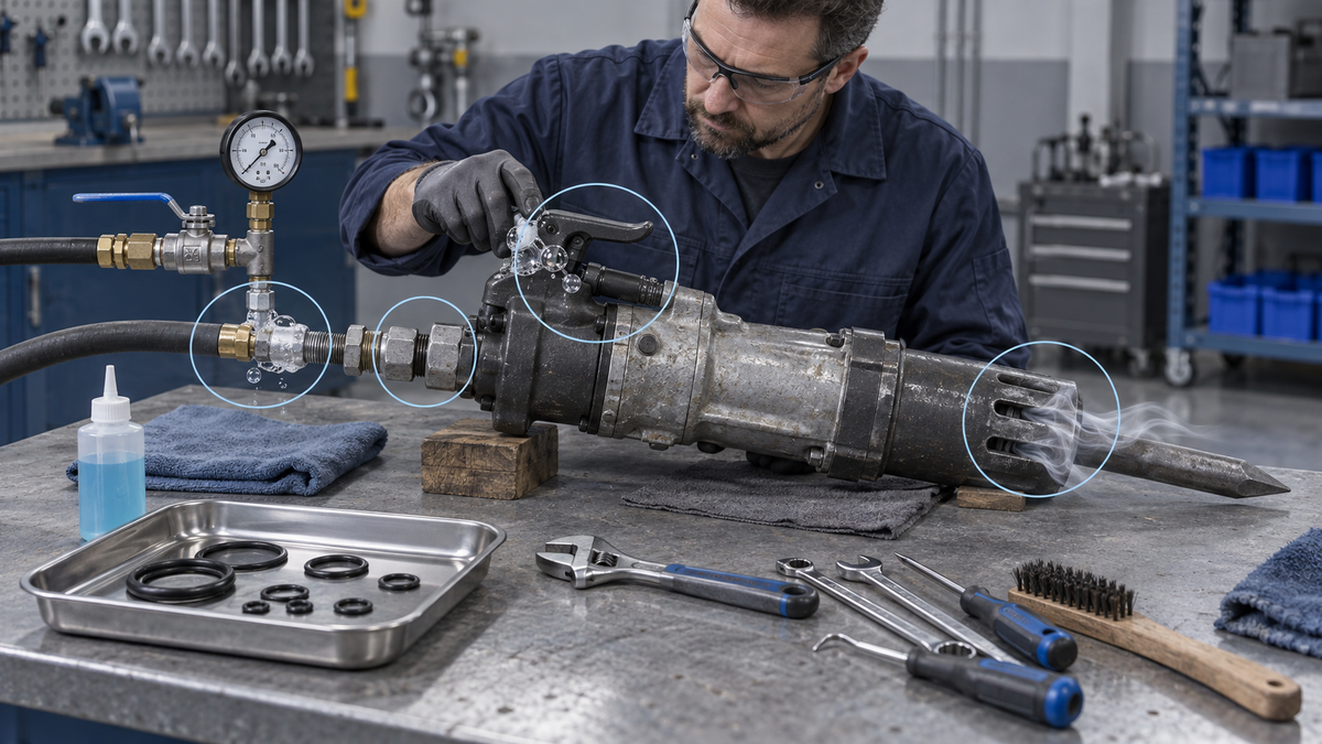 Pneumatic breaker air leak inspection at hose coupling, inlet, backhead and exhaust