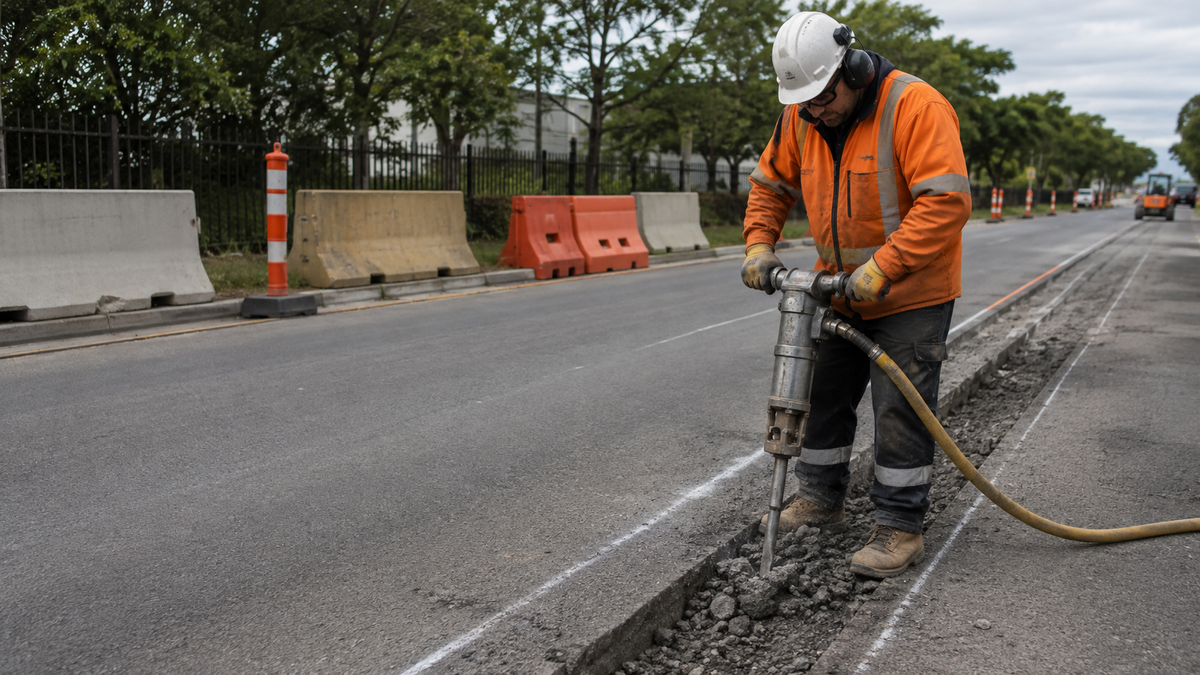 Pneumatic breaker opening a controlled asphalt trench inside a protected roadwork zone
