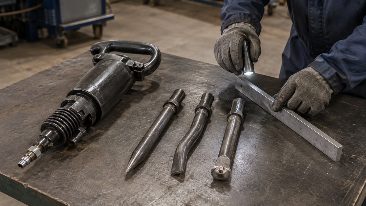 Technician inspecting straight, bent and mushroomed pneumatic breaker chisels on a workbench