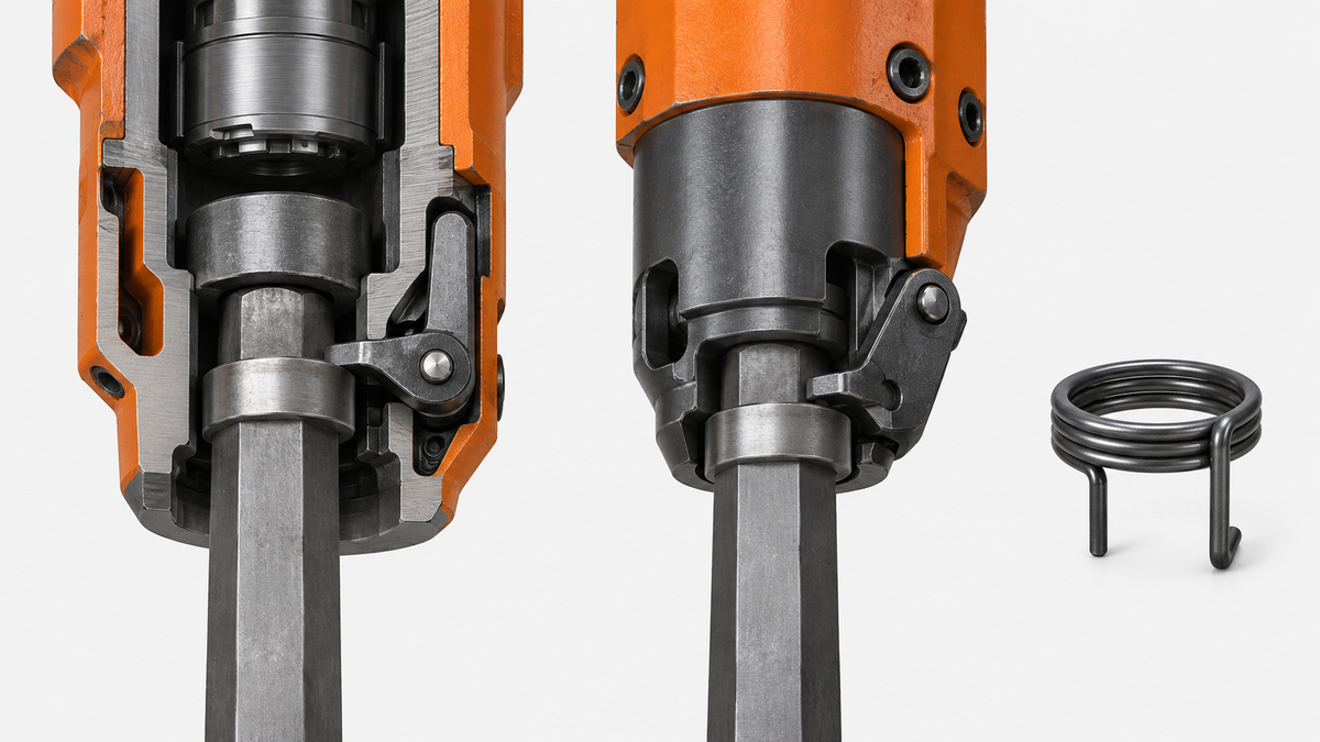 Pneumatic breaker chisel collar held by a latch retainer with a spring retainer shown separately