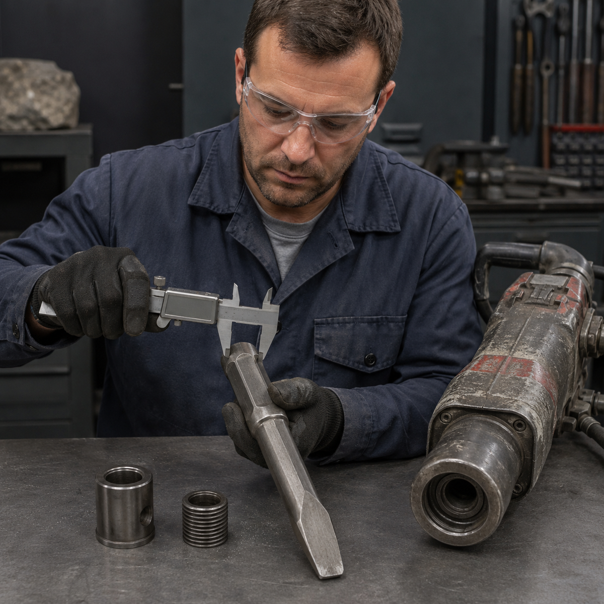 Technician measuring a pneumatic breaker chisel shank for compatibility
