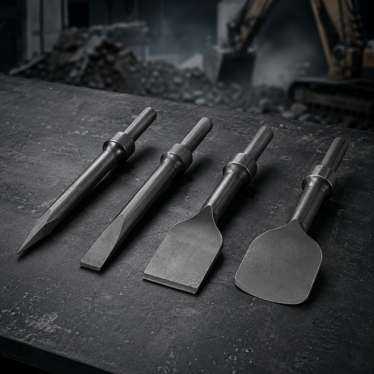 Moil point, flat chisel, asphalt cutter and clay spade breaker tools