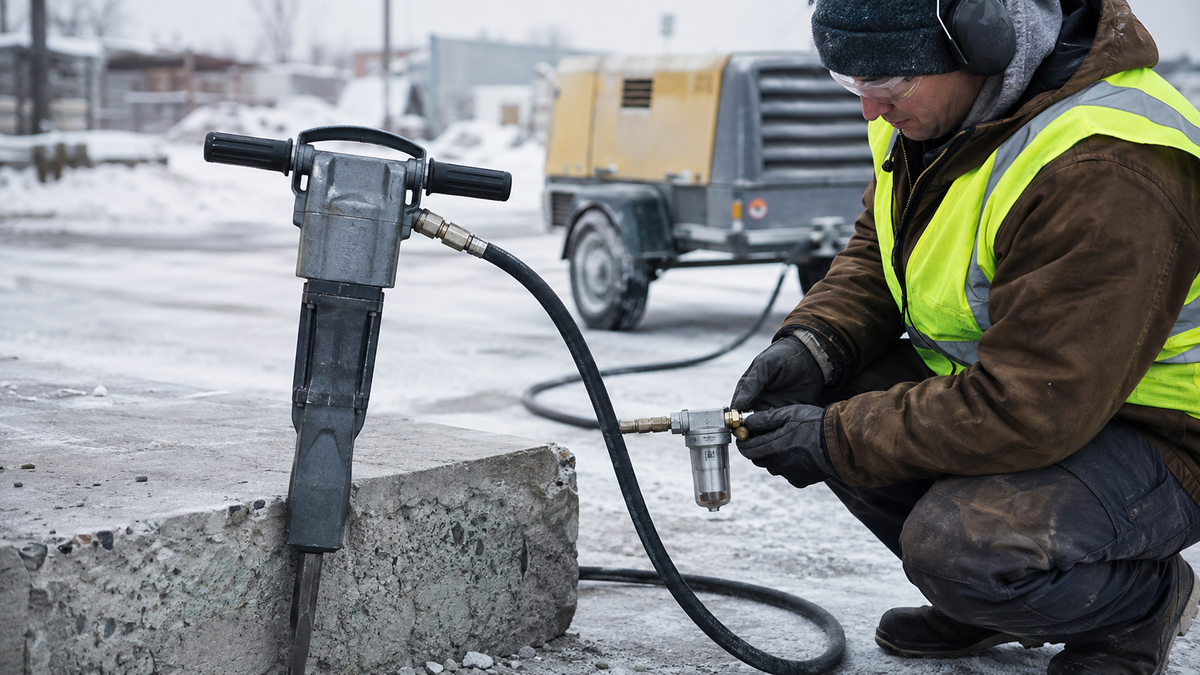 Pneumatic breaker cold-weather air-line inspection at a snowy construction site