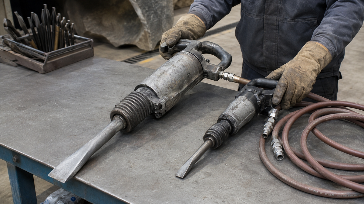 Two unbranded pneumatic breakers of different sizes being compared on a service bench